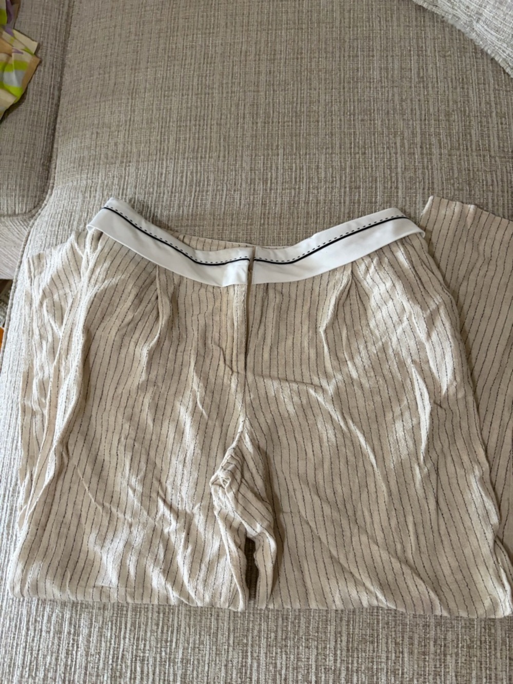 Striped Cream High-Waist Capris with Contrast Waistband